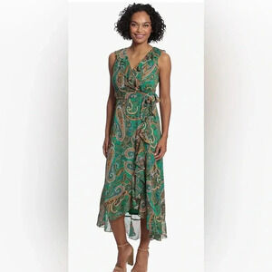 NWT London Times Women’s Maxi Paisley Ruffle Detail Hi-Low Faux Wrap Dress 12